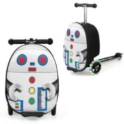 2 in 1 Kinderkoffer und Scooter mit LED Räder 26L Kindertrolley mit Bremse Roboter