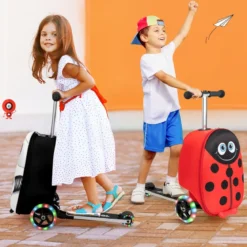 2 in 1 Kinderkoffer und Scooter mit LED Räder 26L Kindertrolley mit Bremse Roboter