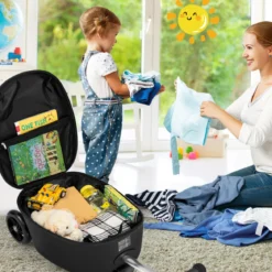 2 in 1 Kinderkoffer und Scooter mit LED Räder 26L Kindertrolley mit Bremse Dinosaurier