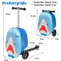 2 in 1 Kinderkoffer und Scooter mit LED Räder 26L Kindertrolley mit Bremse Hai