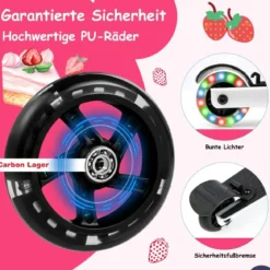 2 in 1 Kinderkoffer und Scooter mit LED Räder 26L Kindertrolley mit Bremse Erdbeere