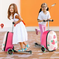 2 in 1 Kinderkoffer und Scooter mit LED Räder 26L Kindertrolley mit Bremse Erdbeere
