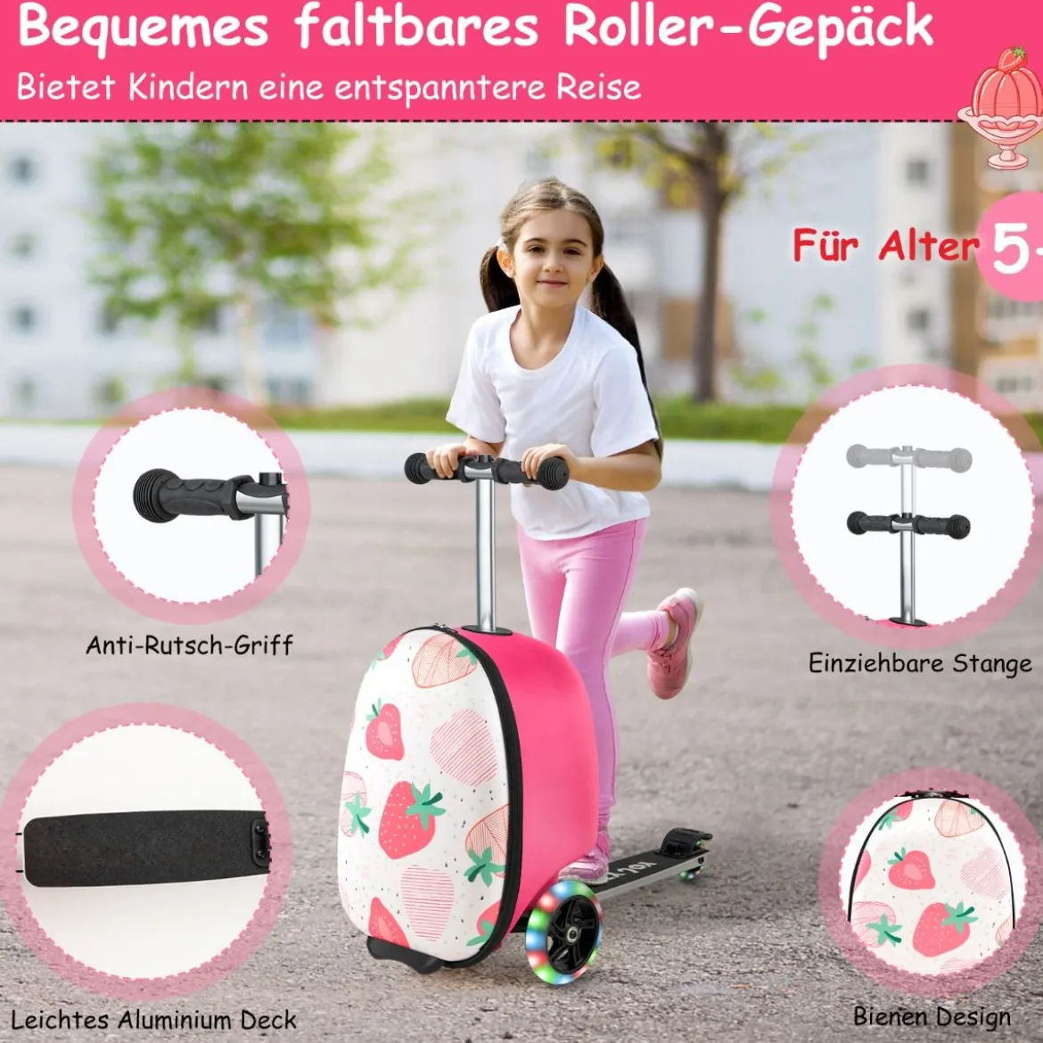 2 in 1 Kinderkoffer und Scooter mit LED Räder 26L Kindertrolley mit Bremse Erdbeere