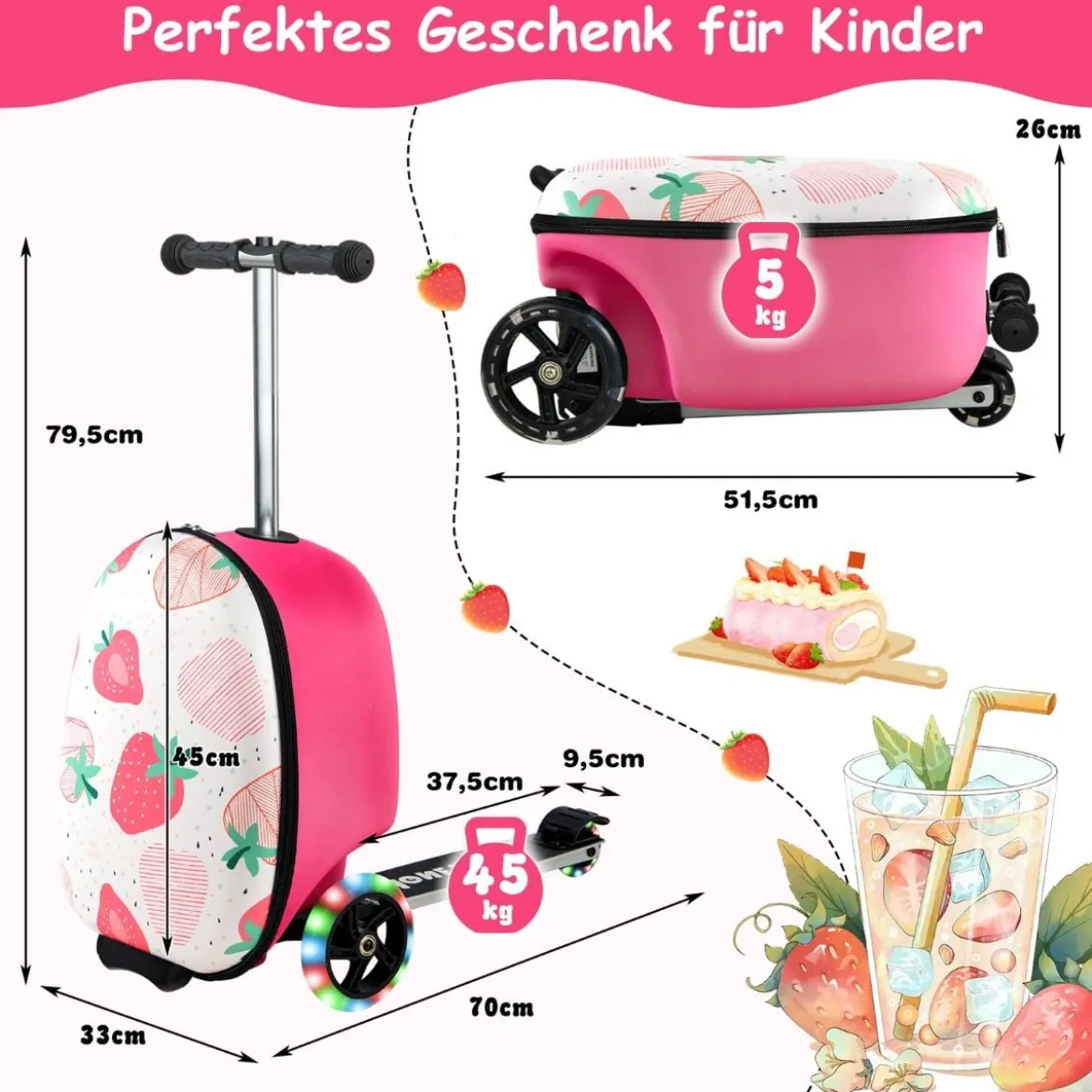 2 in 1 Kinderkoffer und Scooter mit LED Räder 26L Kindertrolley mit Bremse Erdbeere