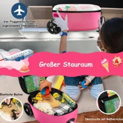 2 in 1 Kinderkoffer und Scooter mit LED Räder 26L Kindertrolley mit Bremse Erdbeere