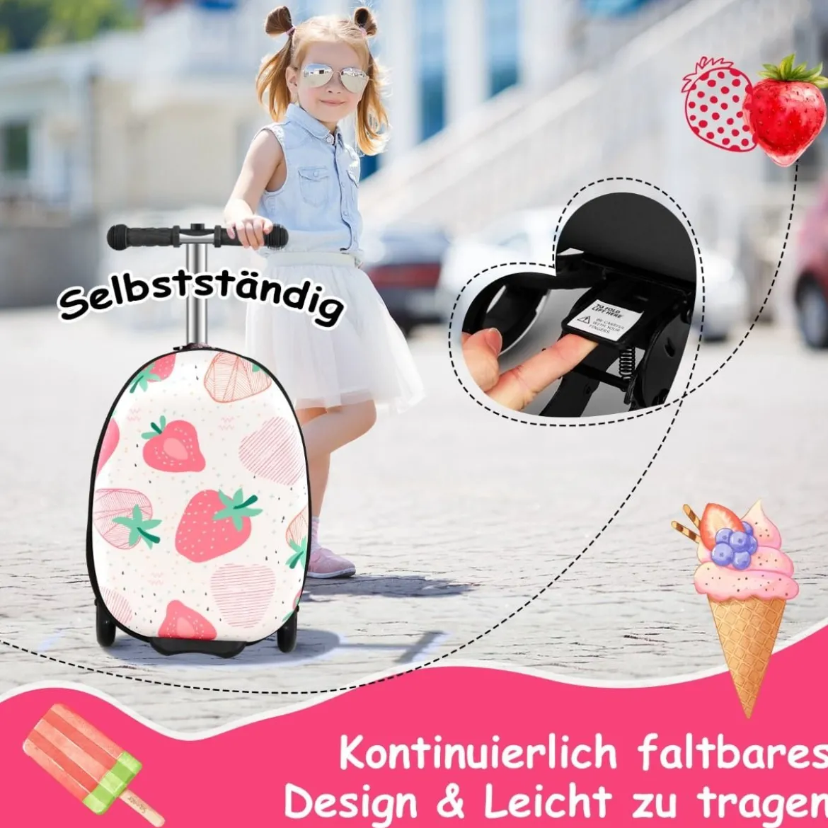 2 in 1 Kinderkoffer und Scooter mit LED Räder 26L Kindertrolley mit Bremse Erdbeere