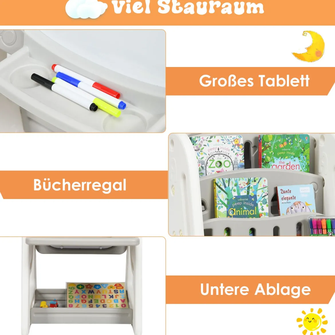 2 in 1 Kinder-Kunststaffelei doppelseitige magnetische Tafel Kinder Staffelei & Kindersitzgruppe Grau