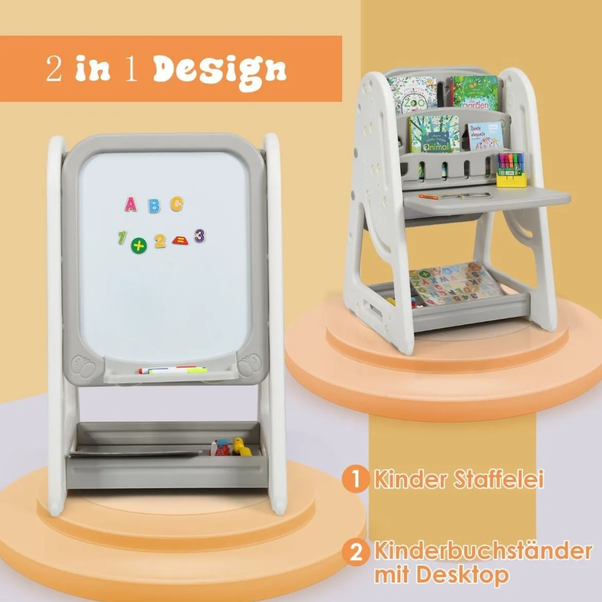 2 in 1 Kinder-Kunststaffelei doppelseitige magnetische Tafel Kinder Staffelei & Kindersitzgruppe Grau