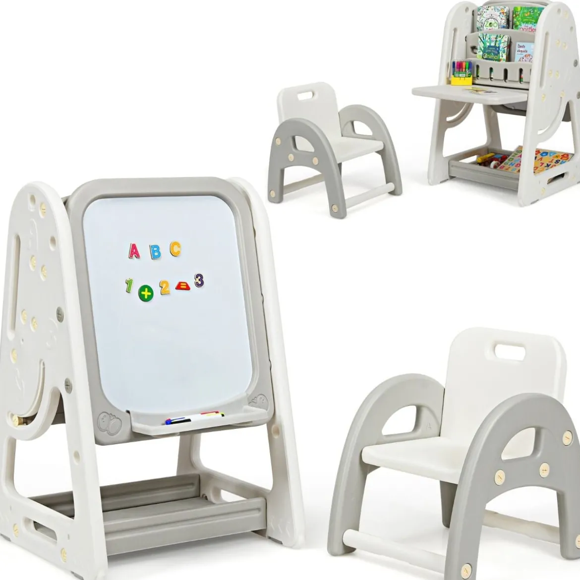 2 in 1 Kinder-Kunststaffelei doppelseitige magnetische Tafel Kinder Staffelei & Kindersitzgruppe Grau