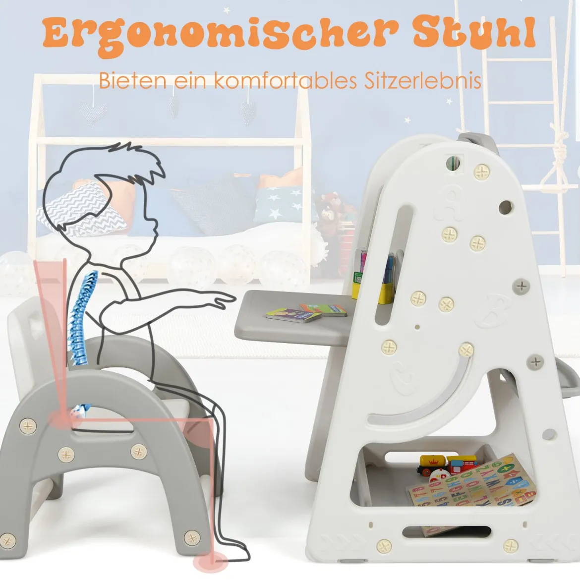 2 in 1 Kinder-Kunststaffelei doppelseitige magnetische Tafel Kinder Staffelei & Kindersitzgruppe Grau