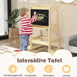 3 in 1 Kinder Lernturm Klappbarer Tritthocker & Tafel & Kindertisch-Set ab 3 Jahre Stehturm Natur