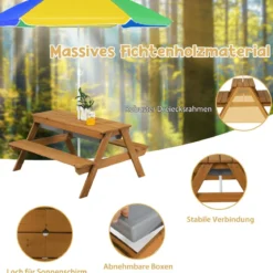 3 in 1 Kinder Picknicktisch mit Sonnenschirm & Bänke & Abnehmbarer Tischplatte