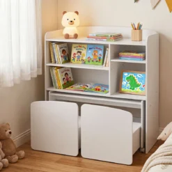 3 in 1 Kinderregal Spielzeugregal mit Schreibtisch auf Rollen & Kinderstuhl mit Rückenlehne Weiß