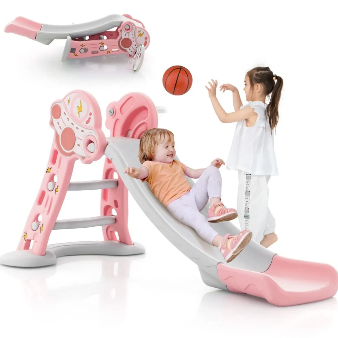 3 in 1 Kinderrutsche & Leiter & Basketballkorb Klappbares Rutschenspielset mit Pufferzone Rosa