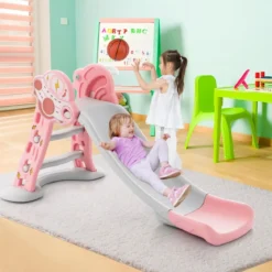3 in 1 Kinderrutsche & Leiter & Basketballkorb Klappbares Rutschenspielset mit Pufferzone Rosa