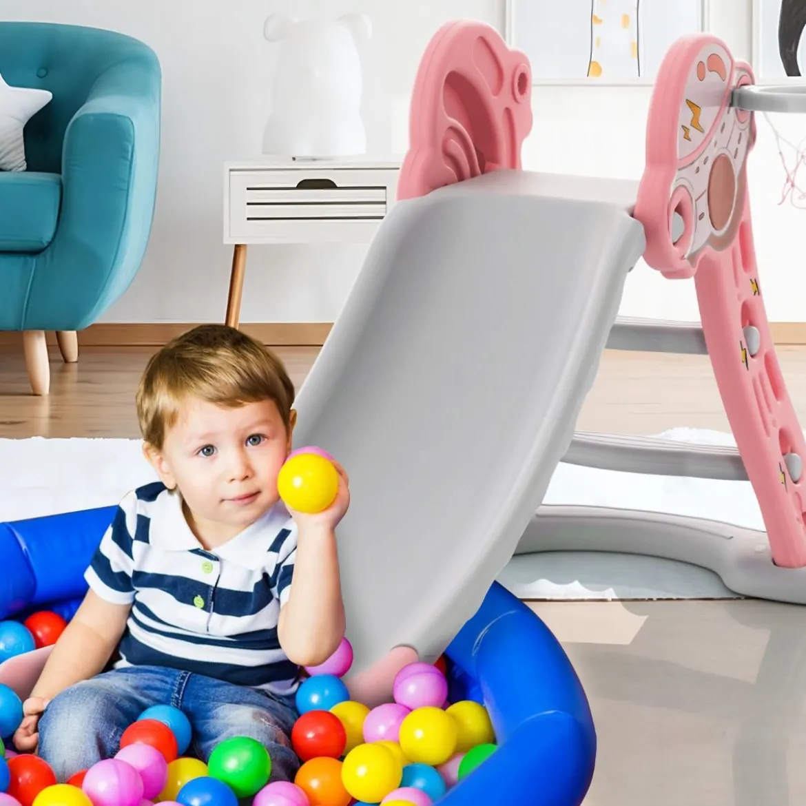 3 in 1 Kinderrutsche & Leiter & Basketballkorb Klappbares Rutschenspielset mit Pufferzone Rosa