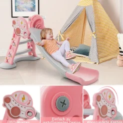 3 in 1 Kinderrutsche & Leiter & Basketballkorb Klappbares Rutschenspielset mit Pufferzone Rosa