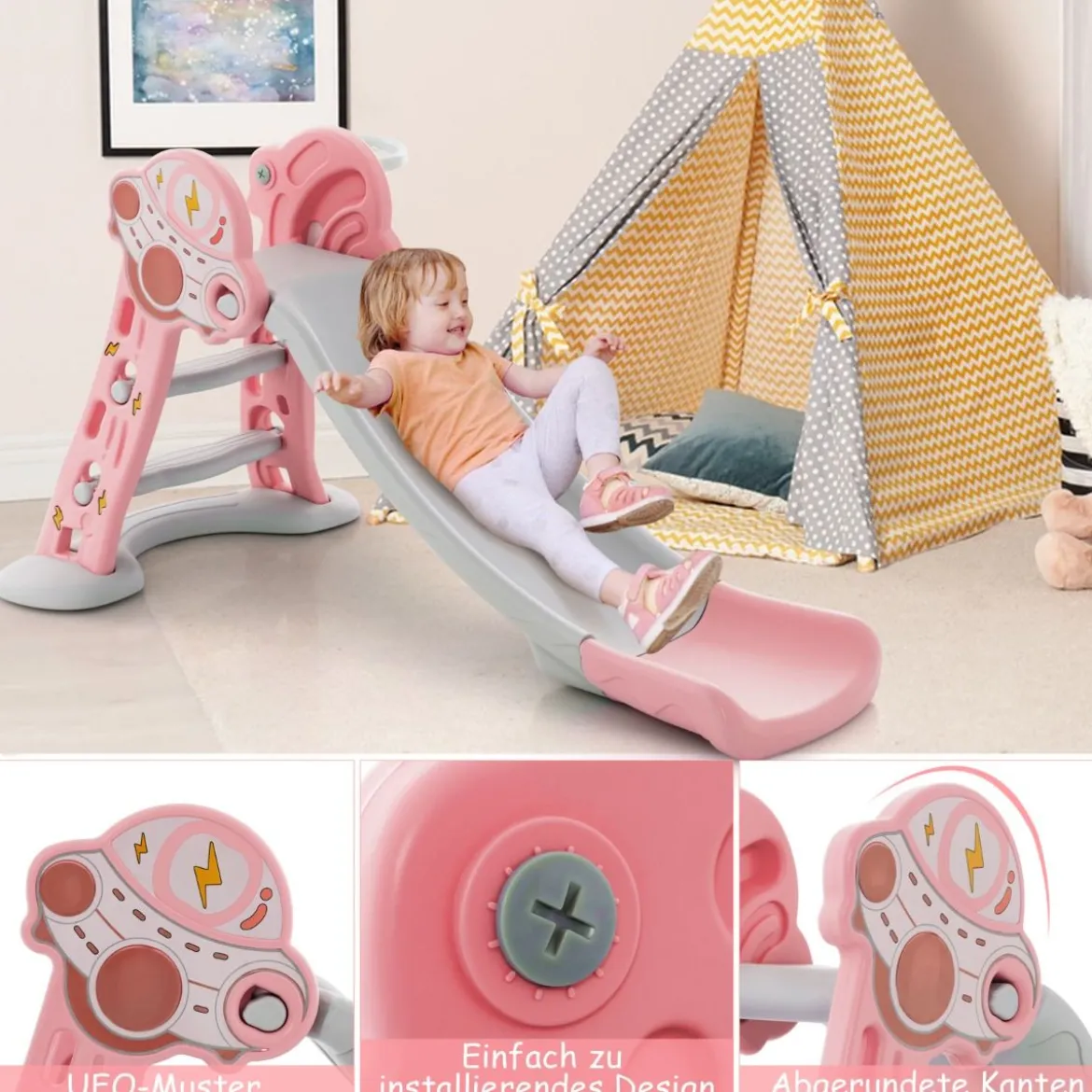 3 in 1 Kinderrutsche & Leiter & Basketballkorb Klappbares Rutschenspielset mit Pufferzone Rosa