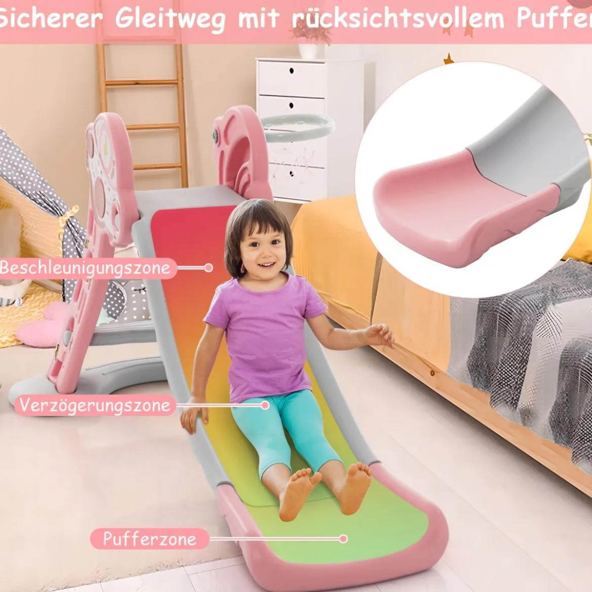 3 in 1 Kinderrutsche & Leiter & Basketballkorb Klappbares Rutschenspielset mit Pufferzone Rosa