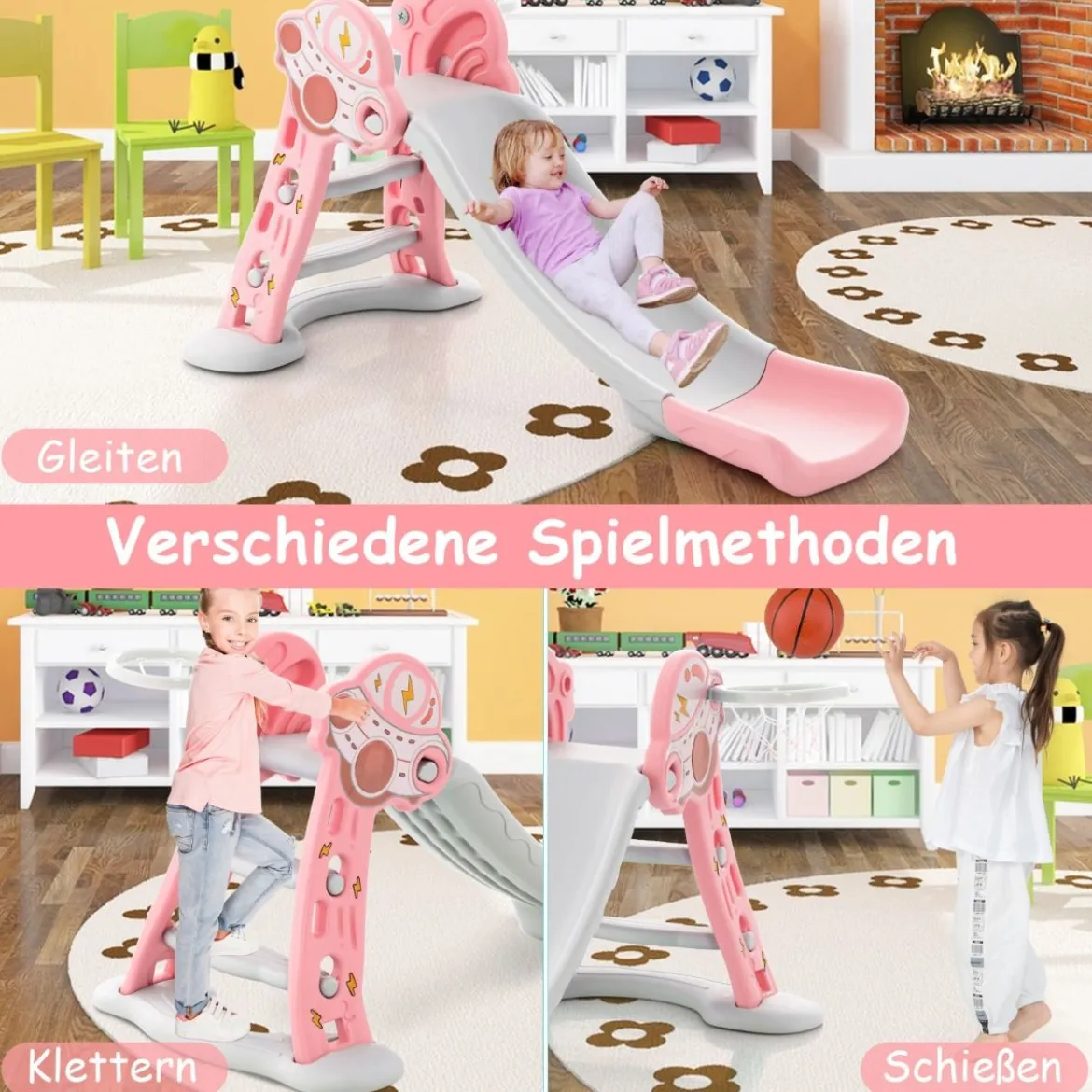 3 in 1 Kinderrutsche & Leiter & Basketballkorb Klappbares Rutschenspielset mit Pufferzone Rosa