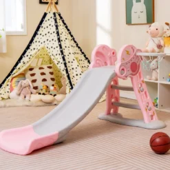 3 in 1 Kinderrutsche & Leiter & Basketballkorb Klappbares Rutschenspielset mit Pufferzone Rosa