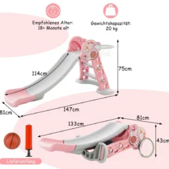 3 in 1 Kinderrutsche & Leiter & Basketballkorb Klappbares Rutschenspielset mit Pufferzone Rosa