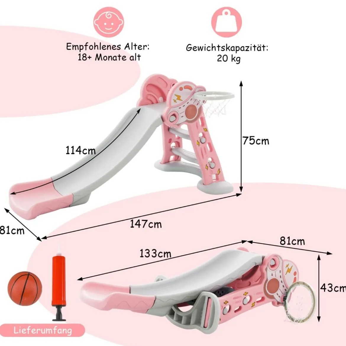 3 in 1 Kinderrutsche & Leiter & Basketballkorb Klappbares Rutschenspielset mit Pufferzone Rosa