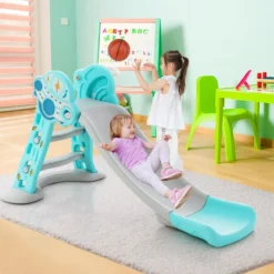 3 in 1 Kinderrutsche & Leiter & Basketballkorb Klappbares Rutschenspielset mit Pufferzone Blau