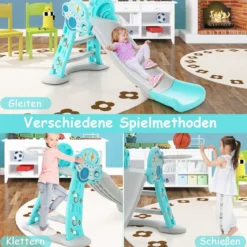 3 in 1 Kinderrutsche & Leiter & Basketballkorb Klappbares Rutschenspielset mit Pufferzone Blau