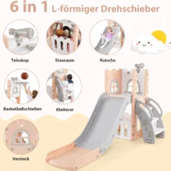 6-in-1 Kinderrutsche mit Basketballkorb & Teleskop Kinder Rutsche Rutschenset Rosa