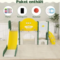10 in 1 Kinderrutsche mit Basketballkorb & Wurfspiel & Tafel & Tunnel & Teleskop & Stauraum Gelb