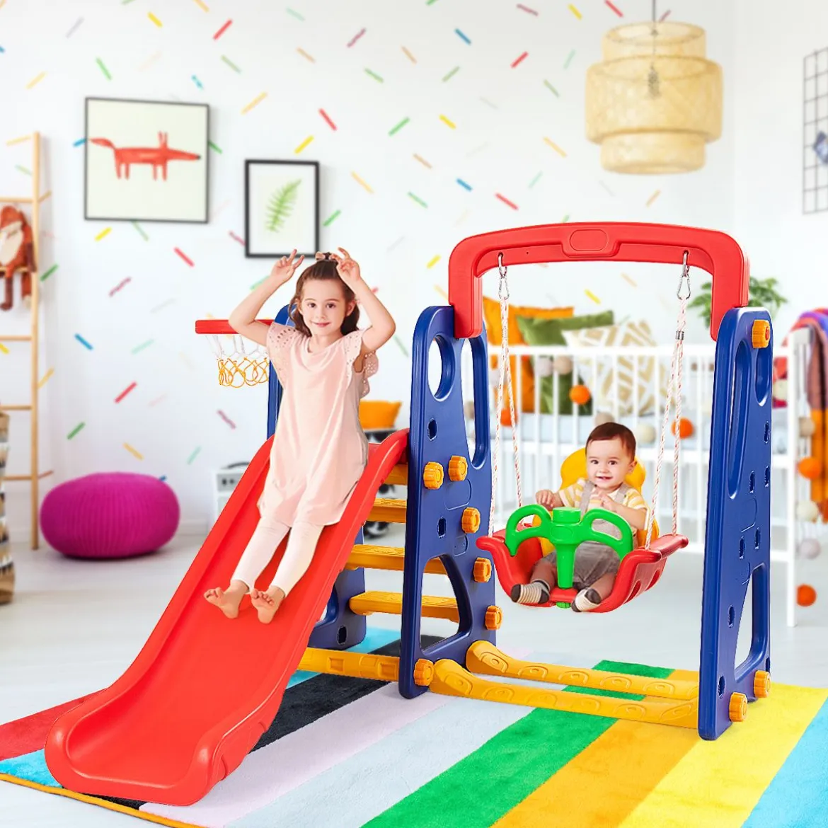 3 in 1 Kinder Rutschen Kletter Spielset mit Basketballkorb Kletter und Schaukel