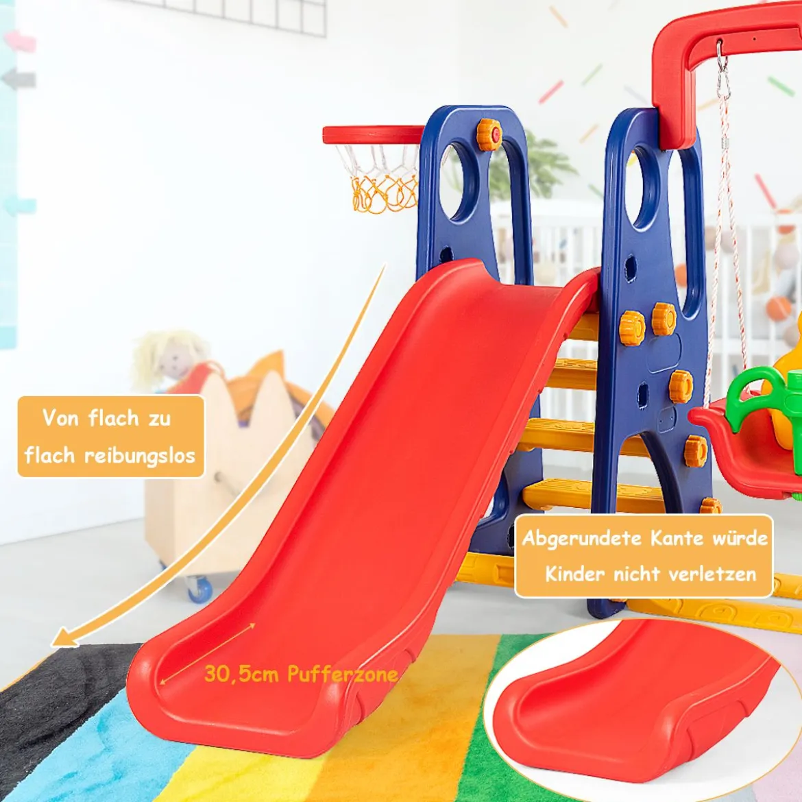 3 in 1 Kinder Rutschen Kletter Spielset mit Basketballkorb Kletter und Schaukel
