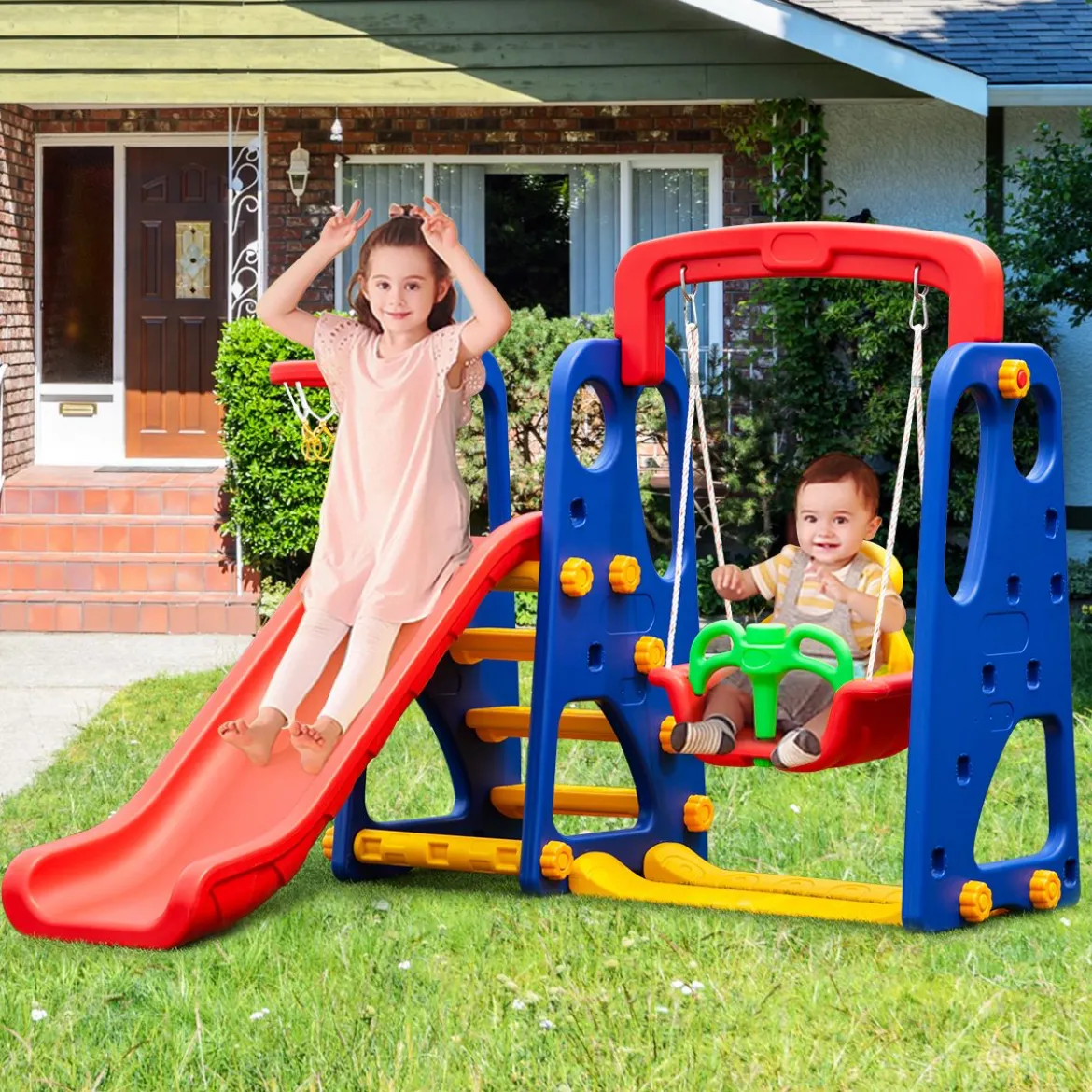 3 in 1 Kinder Rutschen Kletter Spielset mit Basketballkorb Kletter und Schaukel