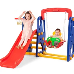 3 in 1 Kinder Rutschen Kletter Spielset mit Basketballkorb Kletter und Schaukel