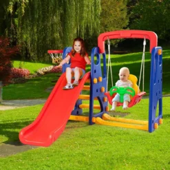 3 in 1 Kinder Rutschen Kletter Spielset mit Basketballkorb Kletter und Schaukel
