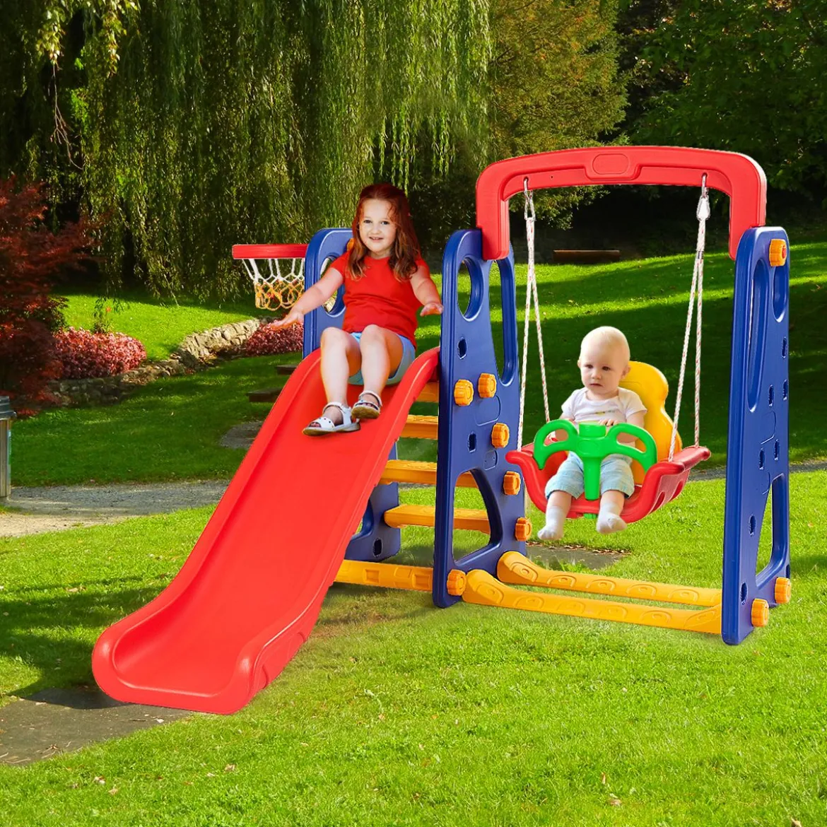 3 in 1 Kinder Rutschen Kletter Spielset mit Basketballkorb Kletter und Schaukel