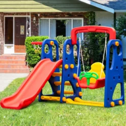 3 in 1 Kinder Rutschen Kletter Spielset mit Basketballkorb Kletter und Schaukel