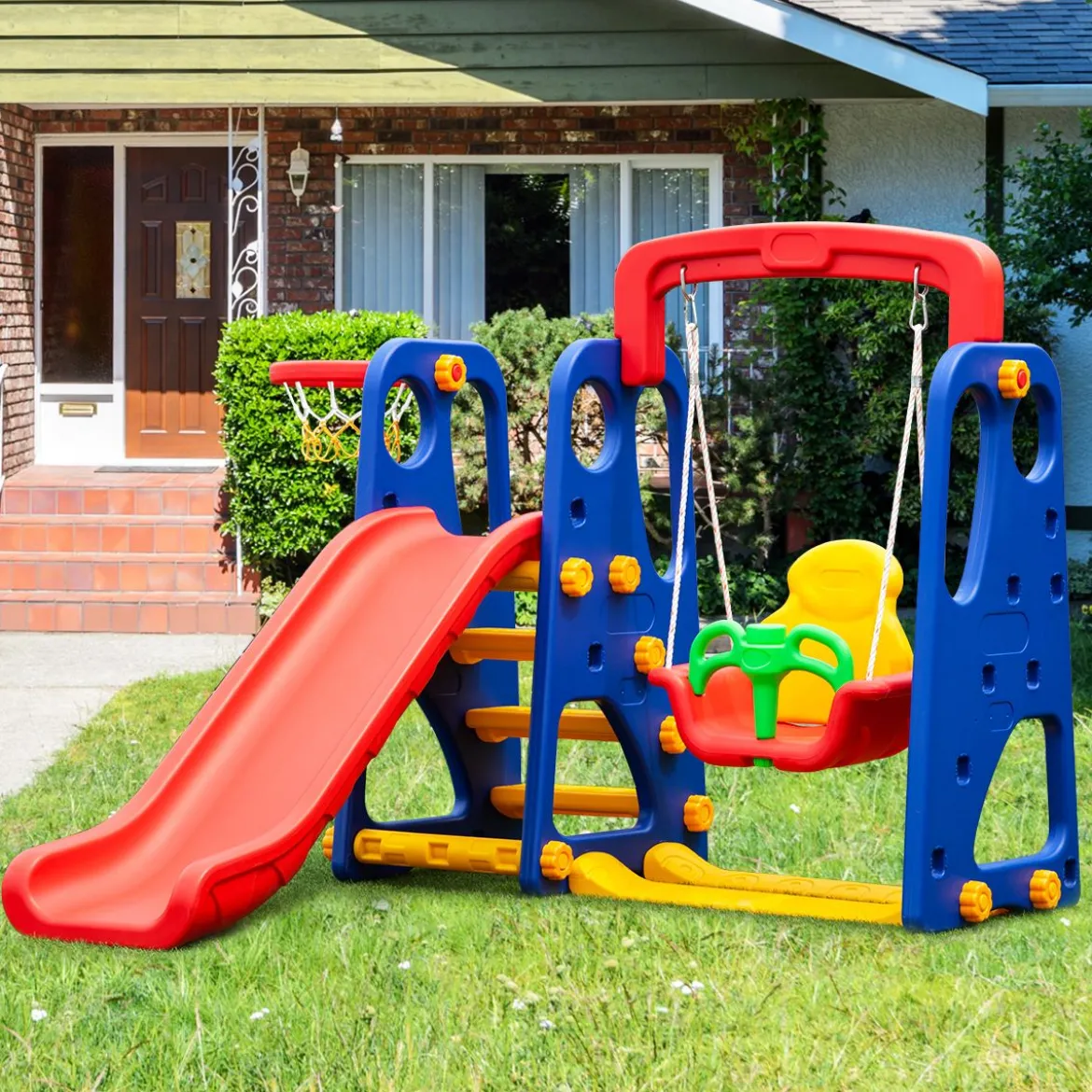 3 in 1 Kinder Rutschen Kletter Spielset mit Basketballkorb Kletter und Schaukel
