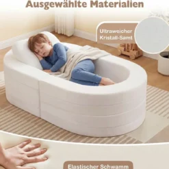 3-in-1 Kinder Schlafsofa klappbares Kinderbett mit weicher Schwammfüllung & bequemem Kissen Beige