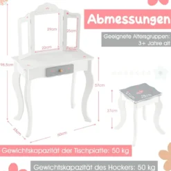 2 in 1 Kinder Schminktisch + Hocker mit Klappbarem Spiegel & Schublade & Zubehörteilen