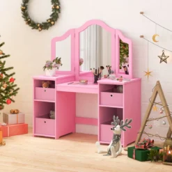 2 in 1 Kinder Schminktisch mit Abnehmbarem Spiegel & Aufbewahrungsboxen Schminkkommode