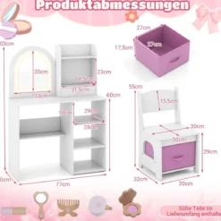 2 in 1 Kinder Schminktisch mit Beleuchtung Holz Frisiertisch mit Schubladen & Zubehör Weiß