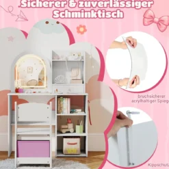 2 in 1 Kinder Schminktisch mit Beleuchtung Holz Frisiertisch mit Schubladen & Zubehör Weiß