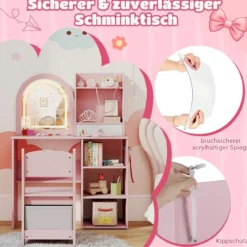2 in 1 Kinder Schminktisch mit Beleuchtung Holz Frisiertisch mit Schubladen & Zubehör Rosa