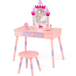 2 in 1 Kinder Schminktisch mit Hocker Schminktisch-Set aus Holz Rosa