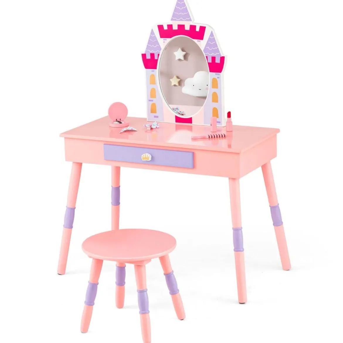 2 in 1 Kinder Schminktisch mit Hocker Schminktisch-Set aus Holz Rosa
