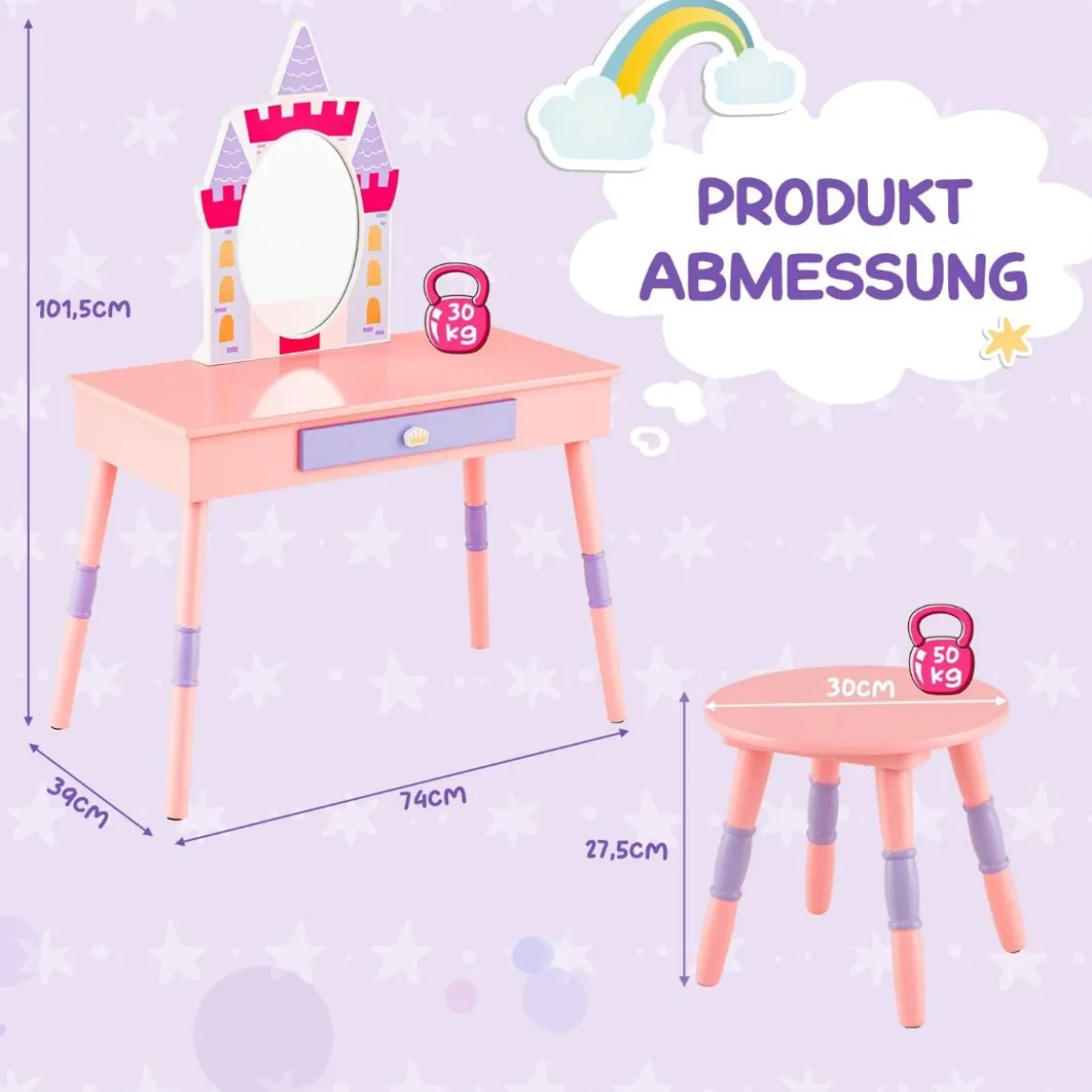 2 in 1 Kinder Schminktisch mit Hocker Schminktisch-Set aus Holz Rosa