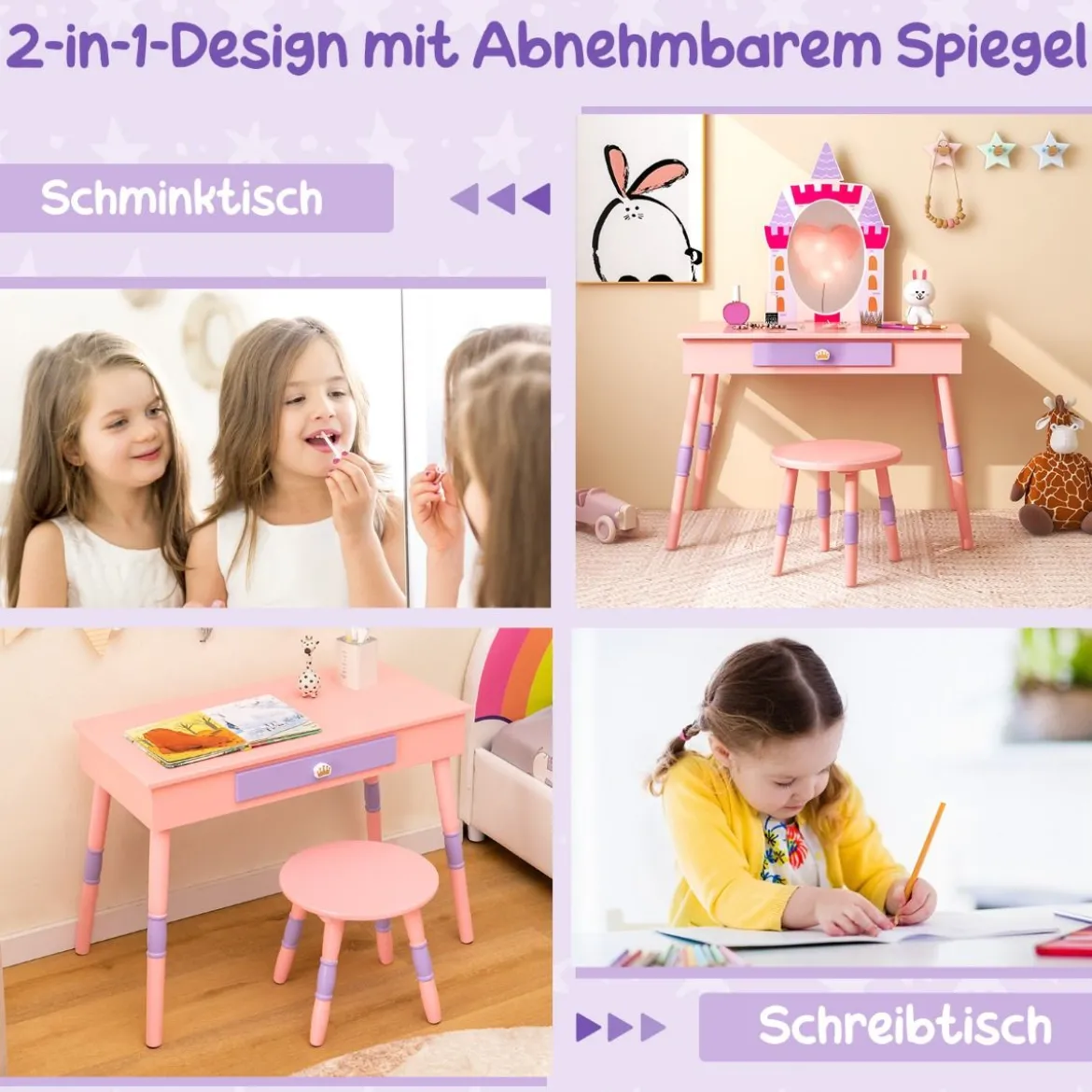 2 in 1 Kinder Schminktisch mit Hocker Schminktisch-Set aus Holz Rosa