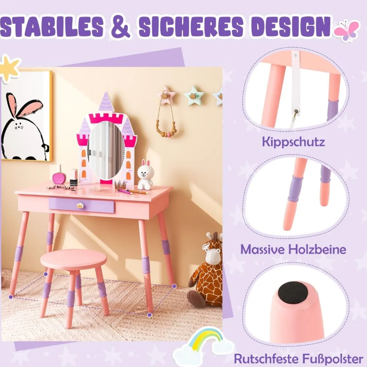 2 in 1 Kinder Schminktisch mit Hocker Schminktisch-Set aus Holz Rosa